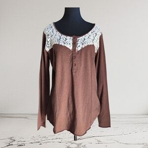 Panhandle Slim Brown and White Long Sleeve Shirt With Lace Accents Size XL